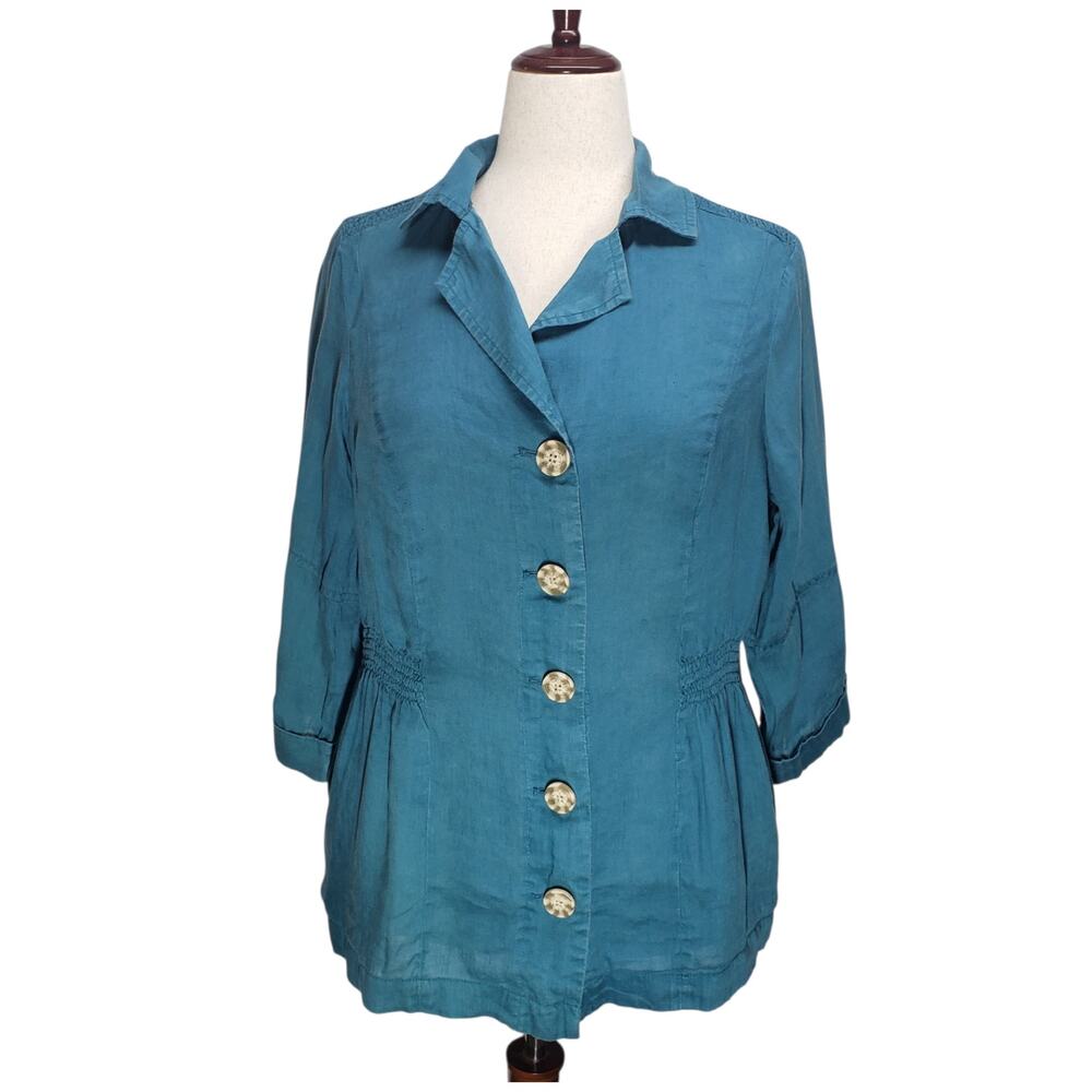 Dressbarn Teal Green 100% Linen Smocked Waist Top 14/16 Coastal Bohemian